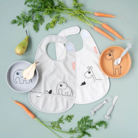 Done by Deer Bib with Velcro, Silicone Dinnerware and Easy Grip Cutlery