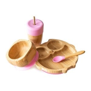 Bamboo Owl Children's Dinnerware Gift Set Pink